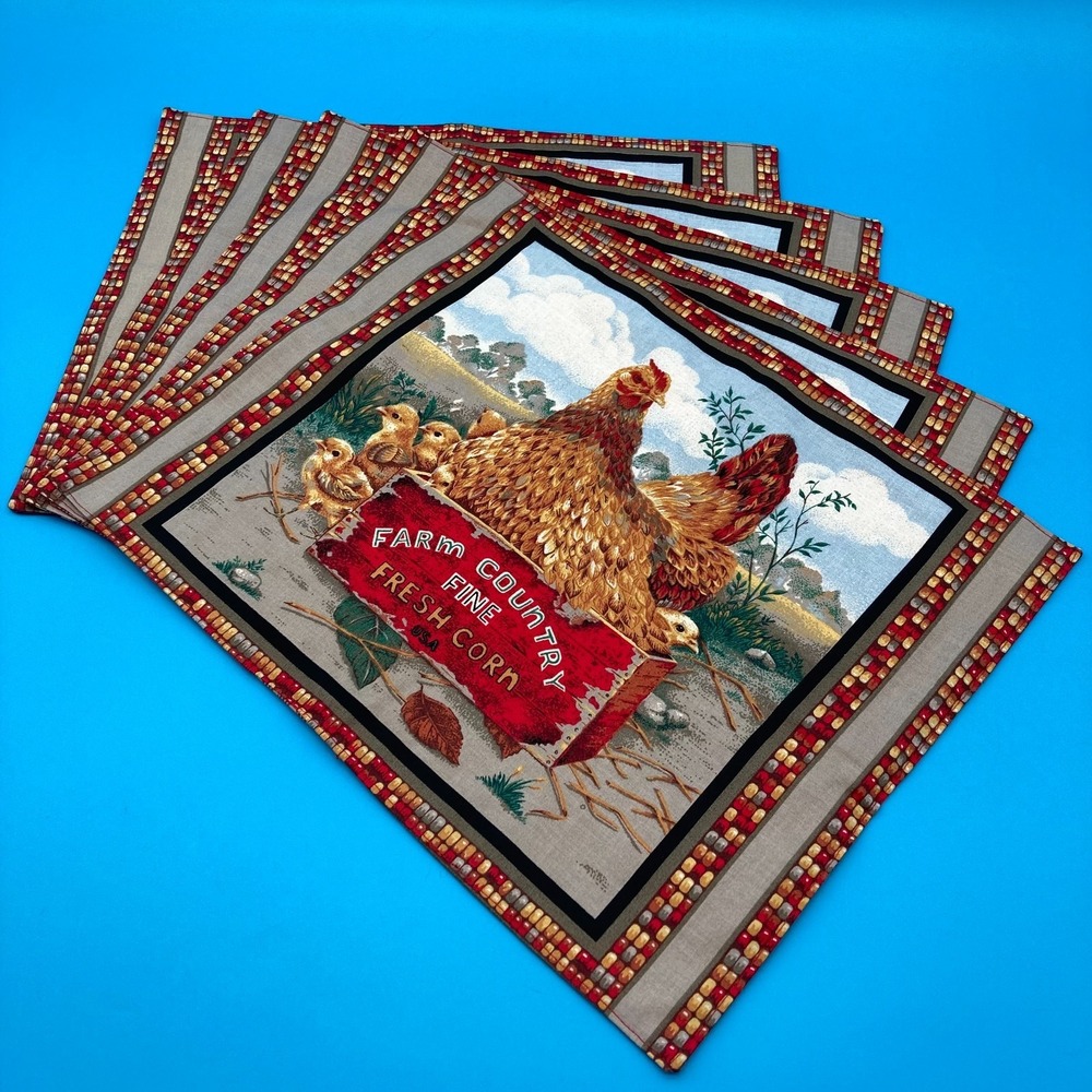 Vintage 1990s Handmade Cloth Placemats Set of 5 Chicken Farm Country Tapestry